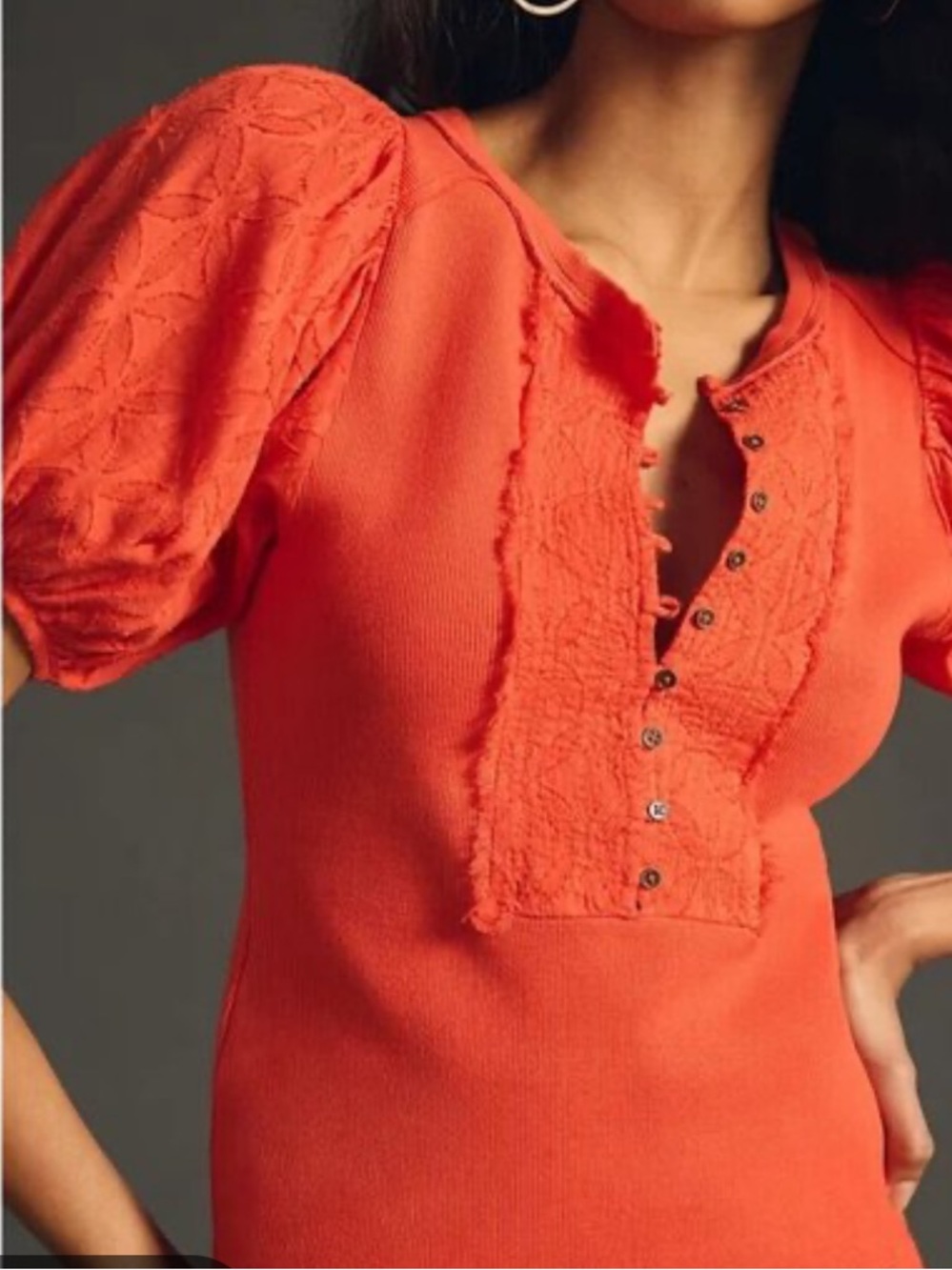 Pilcro Bright Coral Puff-Sleeve Henley Top Size Small